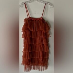 Anthropologie Love Stories Tiered Tulle Mini Dress Rust Size XS